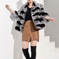 topfur new real fur coat women black jacket short bat type winter coat women rex rabbt fur coat with zipper leather jacket