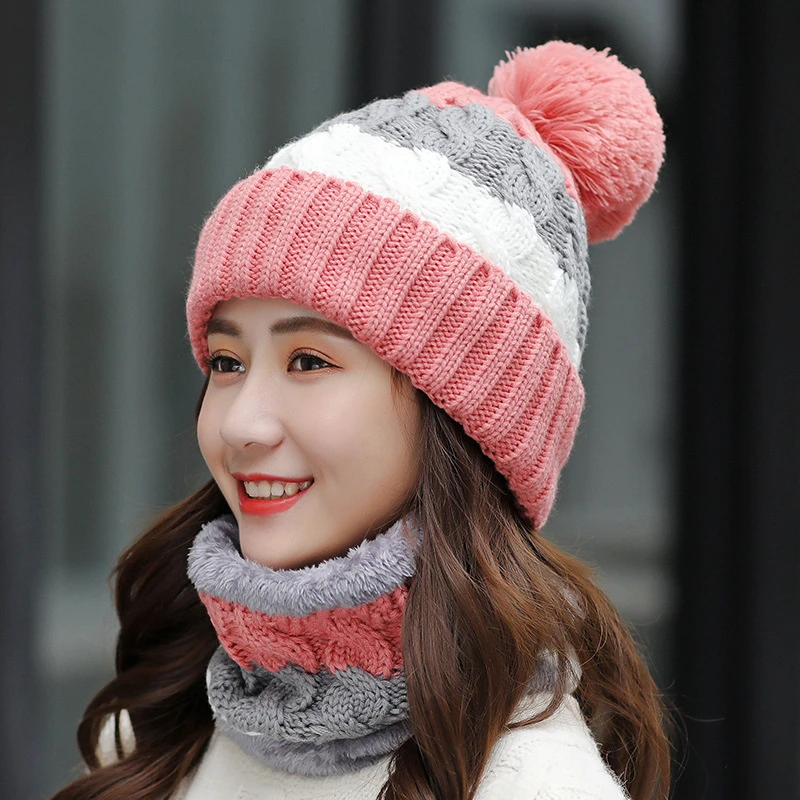 Warm Winter Knit Beanies for Women - Windproof and Cycling Compatible Thick Hats with Bib, Stitching, and Wool Knitting - Set of 2 Caps image 5