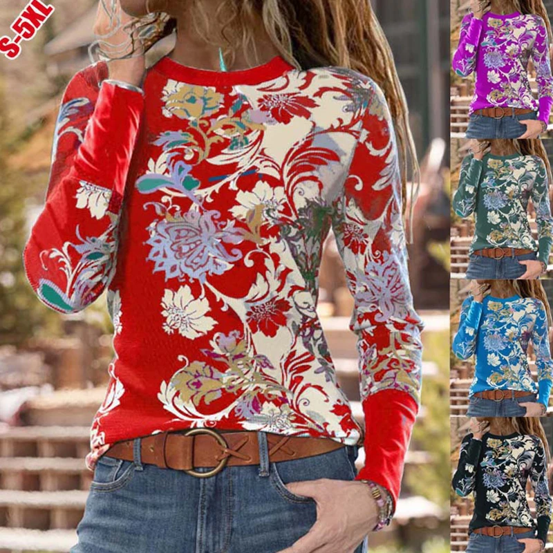 

Spring and Autumn Women's New Style Tops Solid Color Floral Print Round Neck Long Sleeve Pullover T-Shirt Casual Slim Tees