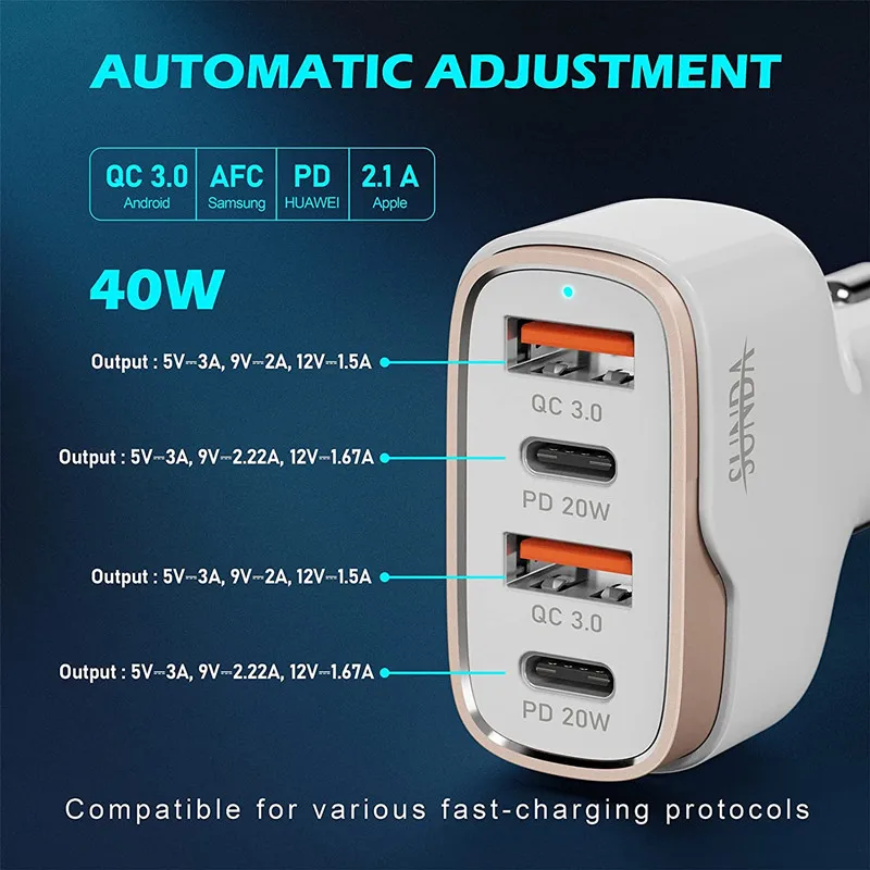 40w usb c fast car charger 4 ports car charger adapter dual type c pd 20w for iphone12 11 pro max samsung galaxy note20 android free global shipping