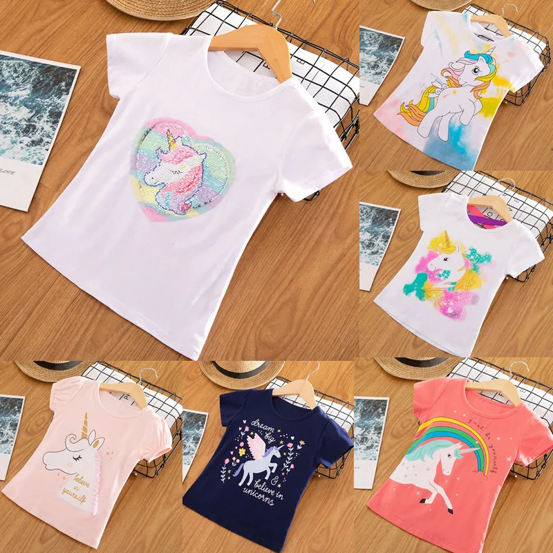 Летняя футболка для маленьких девочек с мультяшным единорогом хлопковые топы