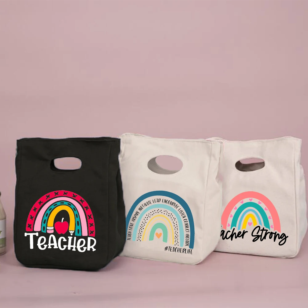 Rainbow Best Teacher Ever Life Lunch Thermal Insulated Tote Bag Canvas Travel Picnic School Food Storage Bolsa Comida Trabajo