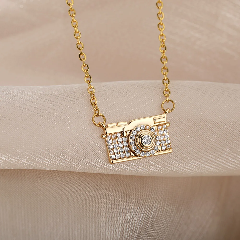 

Zircon Camera Pendant Necklaces For Women Stainless Steel Gold Chain Camera Choker Necklace Boho Party Jewelry Gift Bijoux Femme