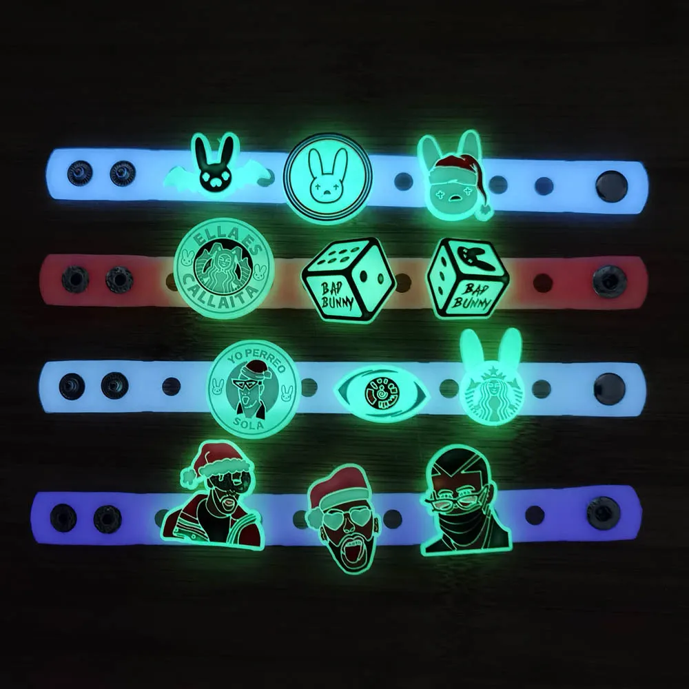 1pcs Luminous Bad Bunny Shoe Charms PVC Glow in the dark Croc Decoration for Clogs Sandals Wristband Accessories Christmas Gifts