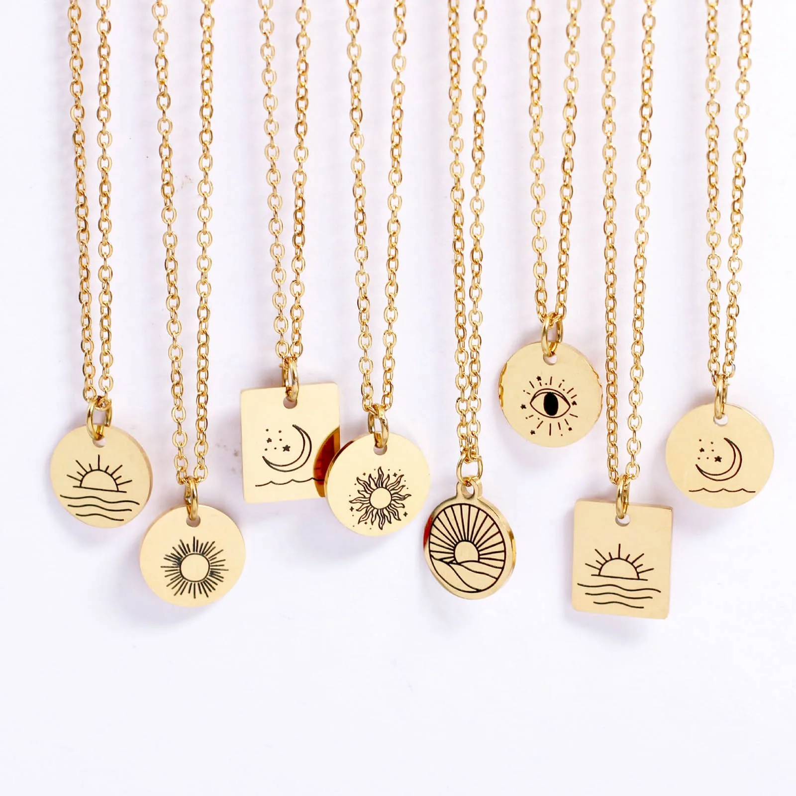 

Fashion Stainless Steel Necklace Gold Color Metal Moon Sun Pattern Rectangle Pendants Link Chains Collar Jewelry 40cm long,1PC