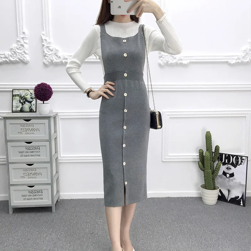 Vest skirt Gray Новинка, красное вино, Свободный жилет, вязаное платье, женский осенне-зимний жилет-подкладка, платье с u-образным вырезом, без рукавов, длинный свитер, женские платья - Цвет: Vest skirt Gray