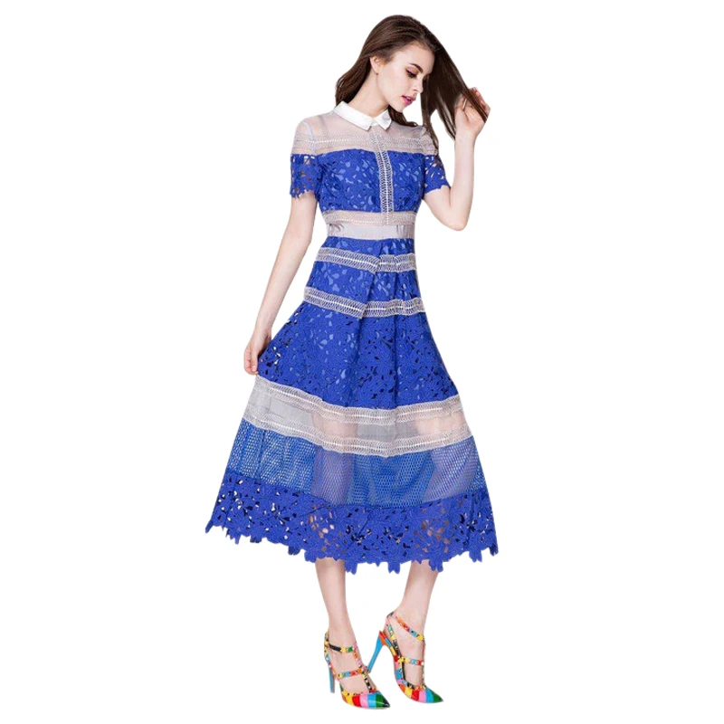 Женская одежда платье рубашка Сетчатое синее вязаное в стиле пэчворк