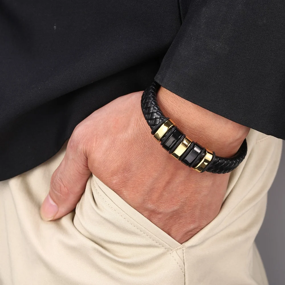 

Fashion Jewelry Black Braided Leather Bracelet Men Black Golden Stainless Steel Parts Male Magnetic Clasp Bangle