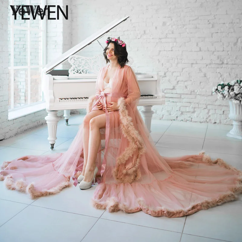 Maternity Dresses for Photo Shoot Tulle Matching Feathers Pregnancy Dress Photography Props Maxi Gown for Pregnant Women YEWEN