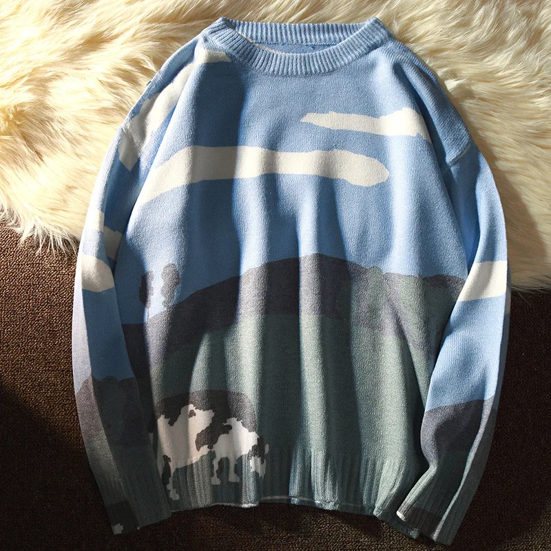 

Men Women Cow Sweater 2021 Autumn Winter Vintage Cartoon Cloud Tree Cows Pollover O-Neck Knitted Streetwear Harajuku Clothes