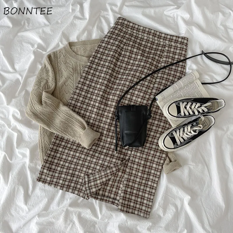 

Skirts Women Design Vintage Plaid Split Ladies Summer Mid-calf Fashion Harajuku Basic Elegant Aesthetic Classic Leisure A-line