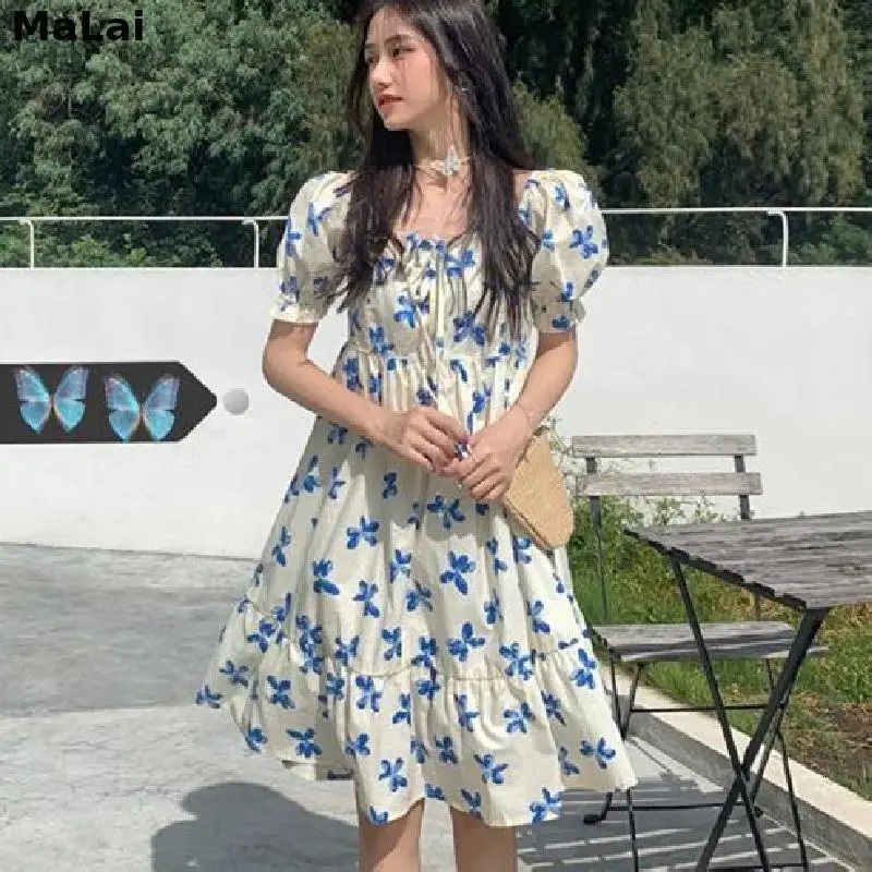 

2021 Summer Sweet Kawaii Dress Women Puff Sleeve Backless Floral Dress Korean Bandage Office Lady Beach Party One Piece Dresses