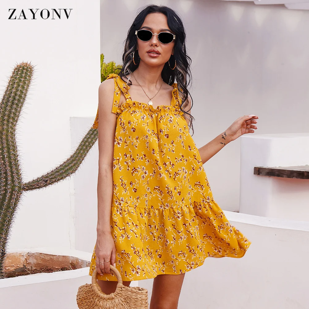 

Women's Mini Dress Spaghetti Straps Sleeveless Boho Ruffle Hem Beach Dress