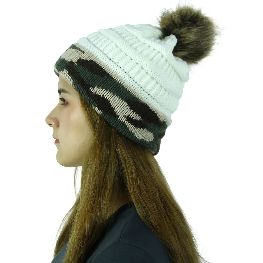 Модные зимние женские вязаные шапки камуфляжные теплые шерстяные помпоны