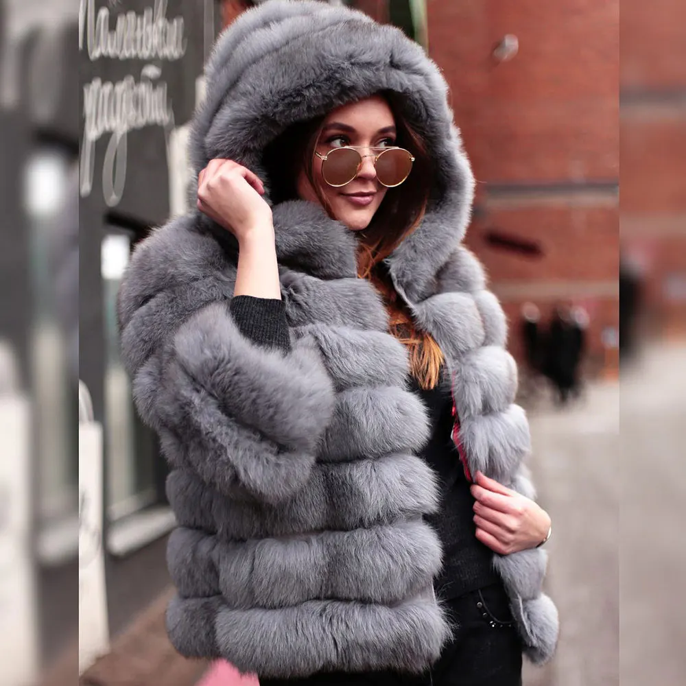 60cm with hood Натуральный Лисий пальто из настоящего меха, натуральная женская зимняя оригинальная натуральная лиса, шуба с мехом, куртка для девочек, пальто для женщин, пальто с лисой - Цвет: 60cm with hood