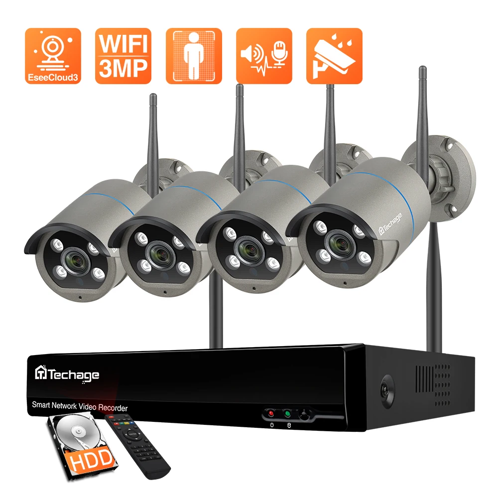 

Комплект камер видеонаблюдения Techage, 1536P, Wi-Fi, 8 каналов, 3 Мп, беспроводной сетевой видеорегистратор, двусторонняя аудиосвязь, IP-камера с обна...