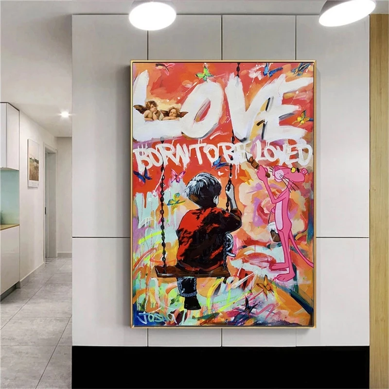 

Wall Art Canvas Painting Picture Print Home Decor Boy Play on A Swing And Pink Panther Poster Cuadros For Living Room No Frame