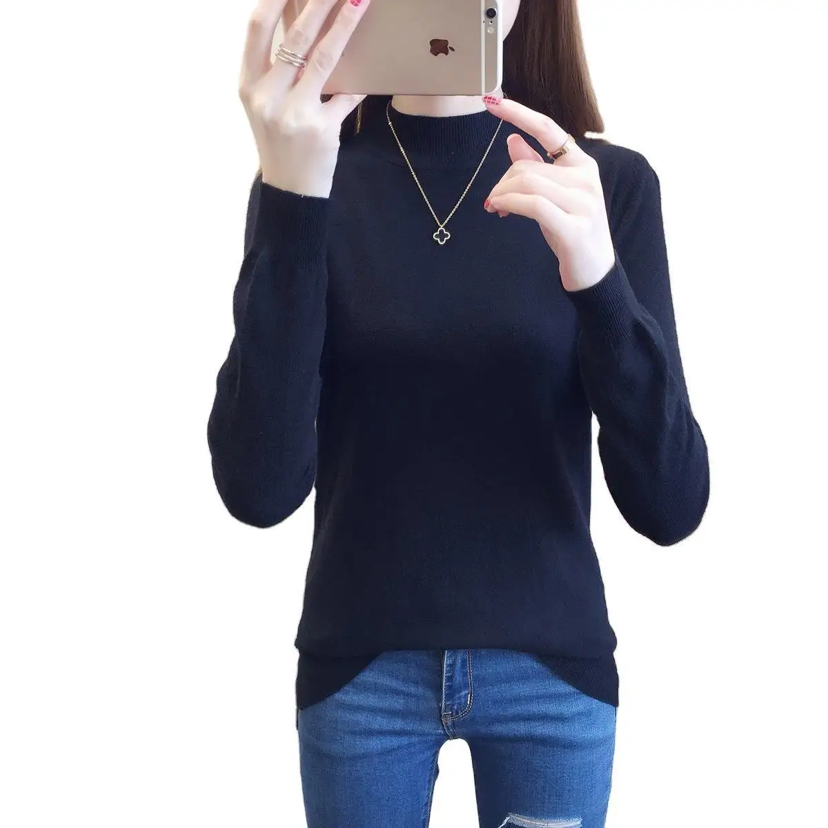 

Real shot knit sweater 2020 autumn/winter women loose-fitting art knit sweater long-sleeved t-shirt semi-high-neck sweater girl