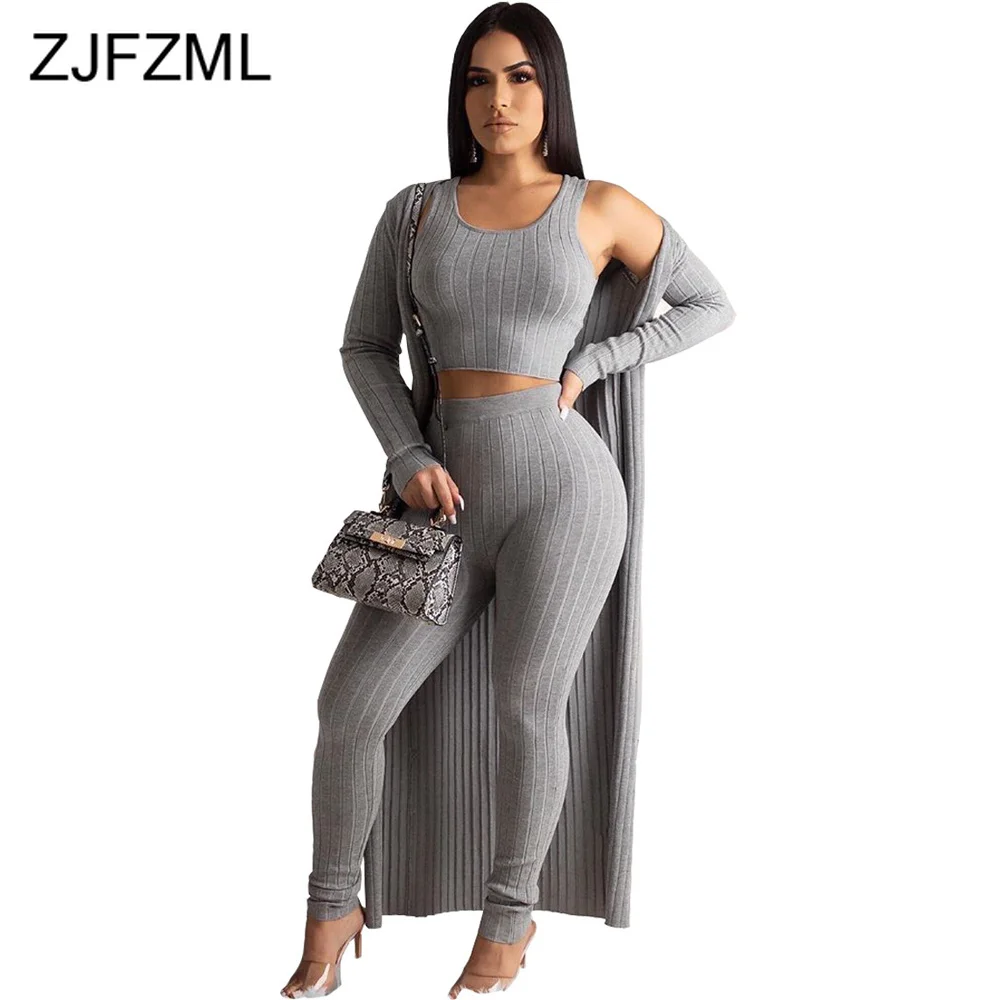 

Autumn Winter 3 Piece Matching Set Women Tank Crop Top+Pencil Pant+Maxi Open Stitch Sweatsuits Casual Ribbed Three Piece Outfits