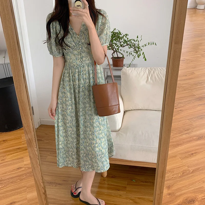 

Alien Kitty Gentle Retro V-Neck Printing 2021 Summer Sweet A-Line Elegant French Office Lady Loose Women Chic Long Dresses