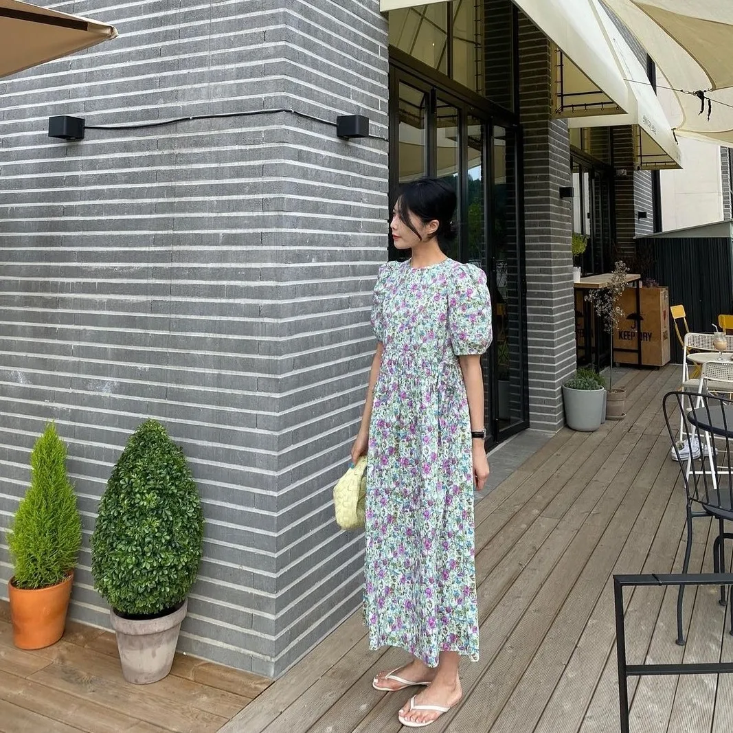 

Korean Chic Retro Sweet Western Style Youthful-Looking Drawstring Lace-up Waist-Controlled Slimming Loose Lantern Sleeve Floral