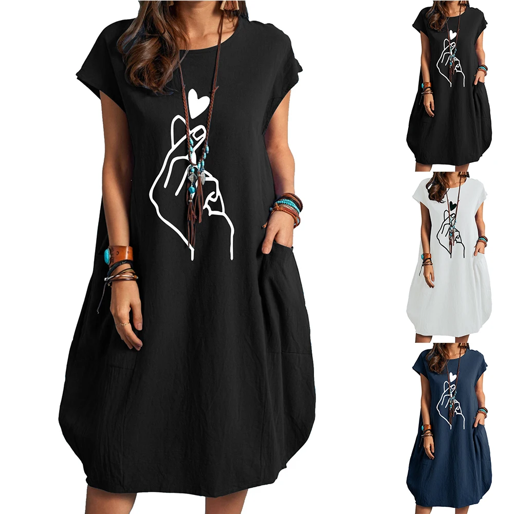 

Платье-майка с принтом пальцев и карманами, из хлопка и льна