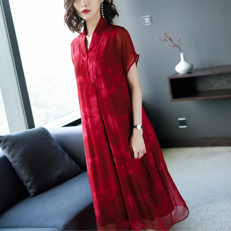 

Dress Summer New Party 2020 Fat MM Large Size Retro Silk Dress V-neck Short Sleeve Over Knee Casual Work Office Long Dresses es