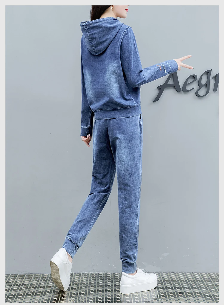 Co-ord/Джинсовый комплект из двух предметов для женщин,, толстовки с капюшоном, брючные костюмы и топ, осенне-зимняя одежда, одинаковые джинсы, комплекты из 2 предметов