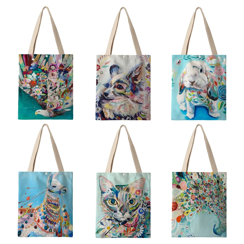 Холщовые сумки с акварельным принтом животных для женщин многоразовая дамская