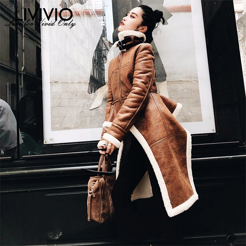 [LIVIVIO] нерегулярные флисовые длинные пальто из искусственной кожи с высоким
