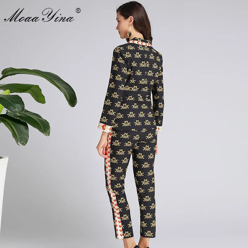 

MoaaYina Fashion Designer Suit Spring Autumn Women Long sleeve Print Ruched Belt Suit Tops+3/4 pants Black Elegant Two-piece set