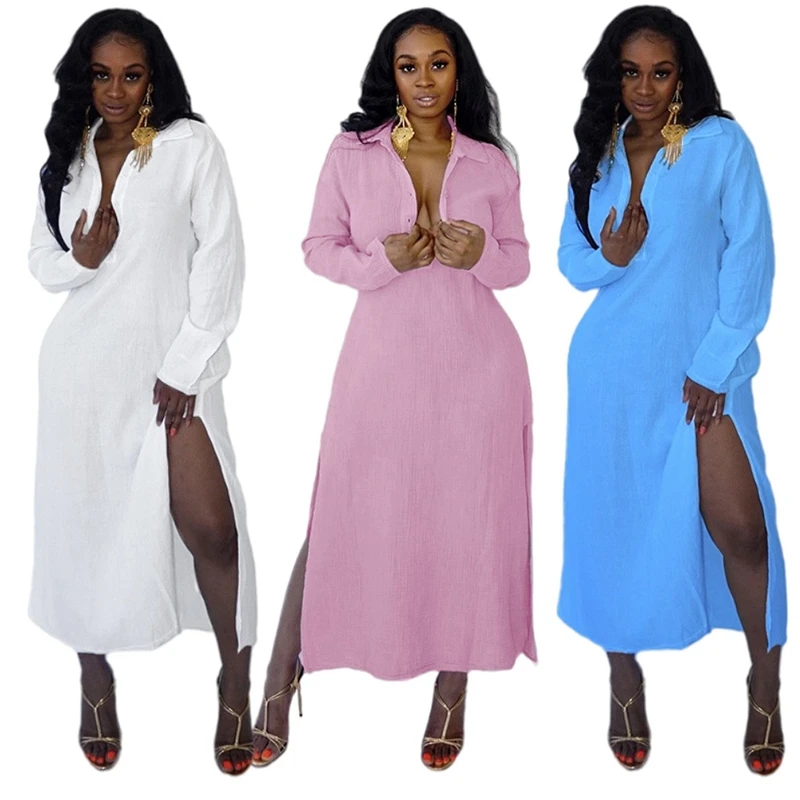 

Women Casual Solid Shirt Dress Long Sleeve Turn-down Collar Sexy Split Maxi Dress Straight Loose Tunic Long Dress Robe