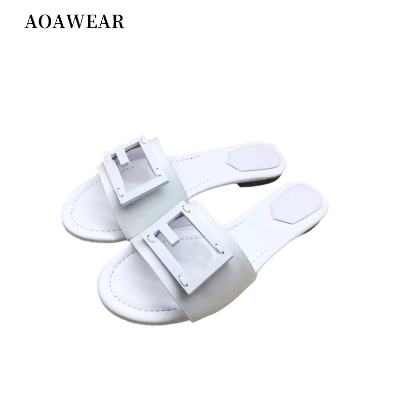 

Classic Summer 2021 New Women's Genuine Leather Letter Hollow Simple Comfortable Flats Female Sandy Beach Slippers Sandals Shoes