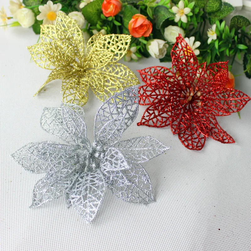 

5pcs Plastic Simulation Powder Christmas Glitter Hollow Flower Wedding Artificial Flowers Valentine's Day Party Decoration