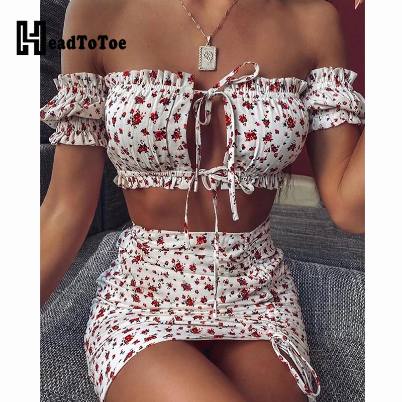 Летний цветочный галстук Короткие топы с вырезом спереди и юбки Женский