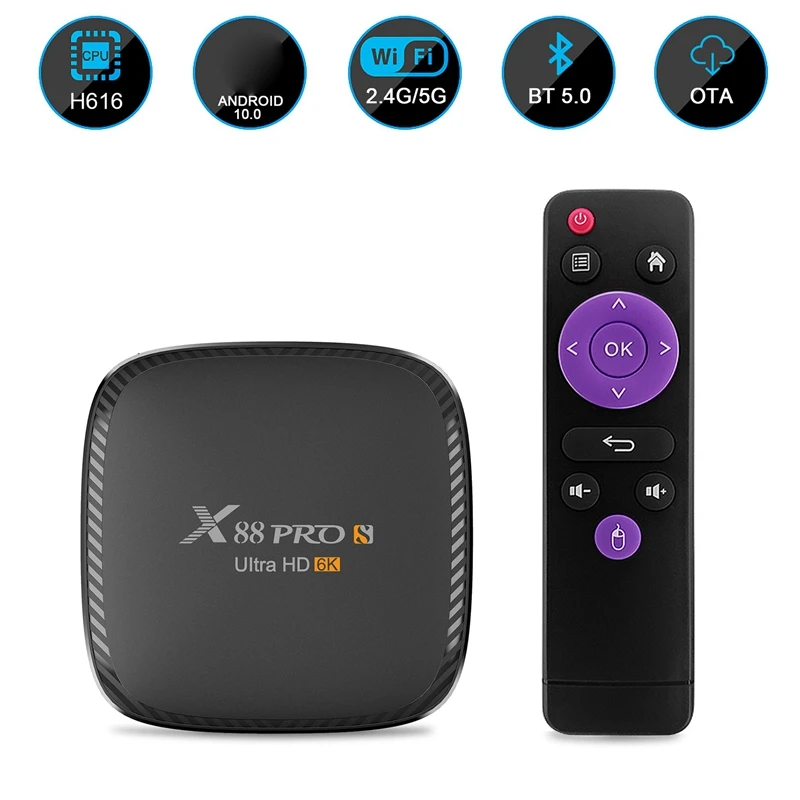 

Android 10.0 X88 PRO S Smart TV Box 2.4G/5G Dual Band Wifi 802.11 A/B/G/N/Ac Bluetooth V5.0 4+32G Ethernet 4K