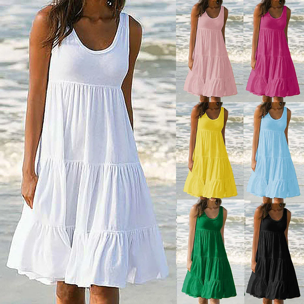 

Ladies Dress Solid Color Sleeveless Beach Dress Summer Solid Color Casual Comfortable Plus Size Beach Dress 40*
