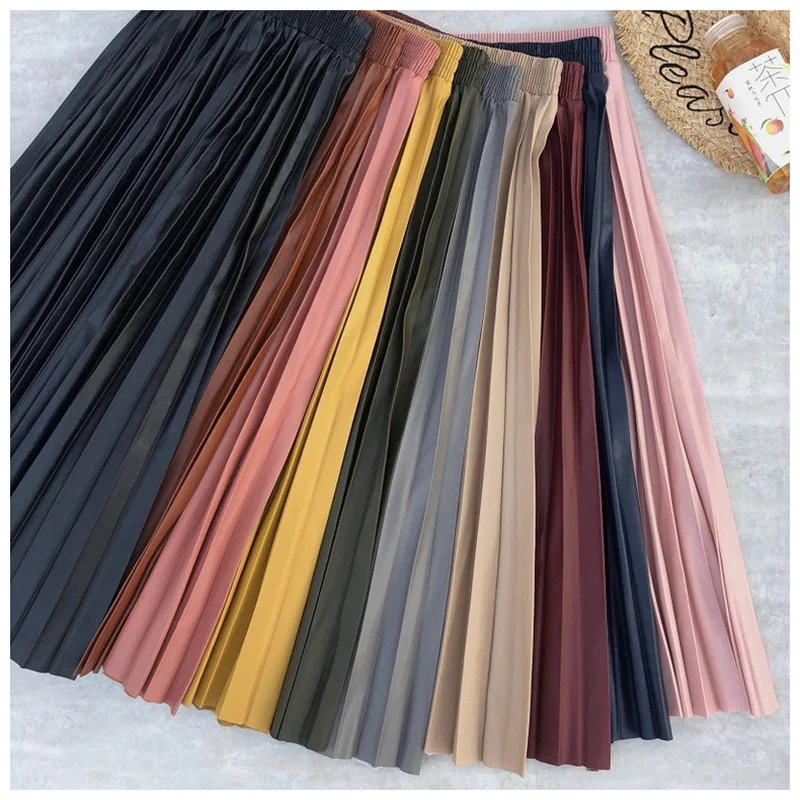 

Women Solid High Waist PU Leather Pleated Skirts 2020 Autumn Winter Female New Fashion Elegant Vintage Elastic Midi Skirt