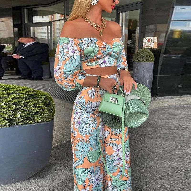 

Women Fashion Autumn 2 Piece Sets Holiday Beach Sumemr Puff Sleeve Tops + Elegant Long Print Higeh Waist Pants Lady Suits Mujer