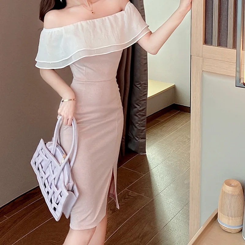 

Spring Sexy Elegant Off Shoulder Party Night Dress 2021 women's Clothing Ladies Contrast Color Design Female Fashion Long Dress