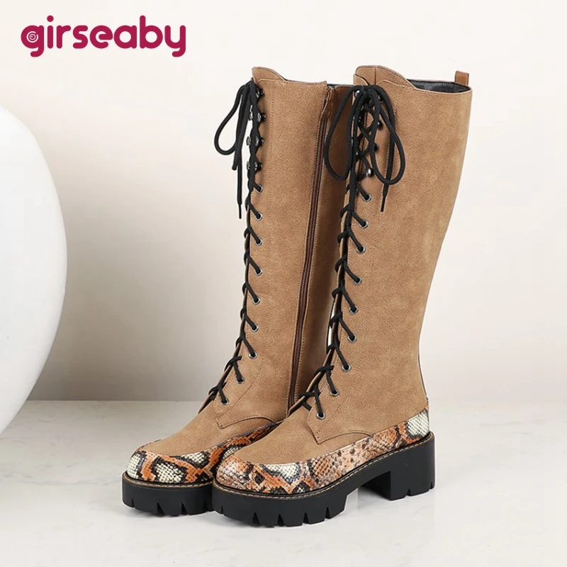 

Girseaby Sexy High Boots Knee-high Pu Boots High Heels For Women Fashion Shoes Square Heel Boots Female Booties Zip Cross tied