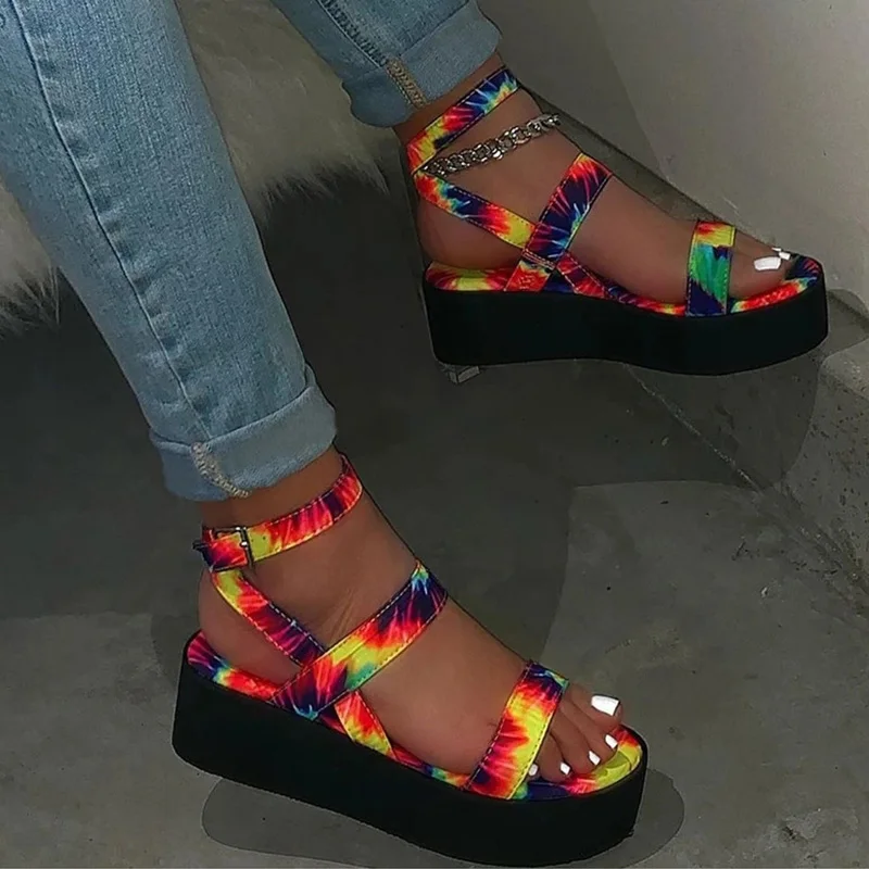 

Sandals Women's Flat Platform Shoes Colorful Print Ladies Ankle Buckle Strap Sandalias Mujer Shoes Female Casual Woman Summer