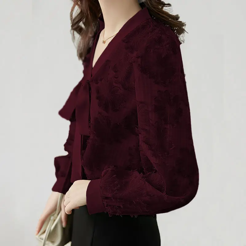 

Lantern Sleeve Bowknot Chiffon Shirt 021 Spring and Autumn Women's New Style Korean Loose V-neck 2 Top Women