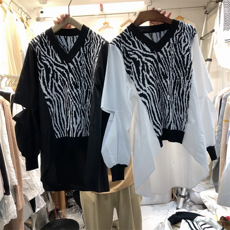 

VANOVICH 2022 Autumn New Korean Version Women Sweaters Leopard Knit Stitching Fake Two-piece V-neck Pullover Sweaters