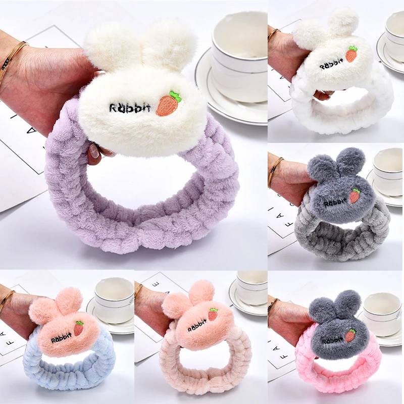 

New Cute Rabbit Ears Plush Headband Womans Face Wash Makeup Non-slip HairBands Cartoon Carrot Hair Hoop Girls Sweet Headdress