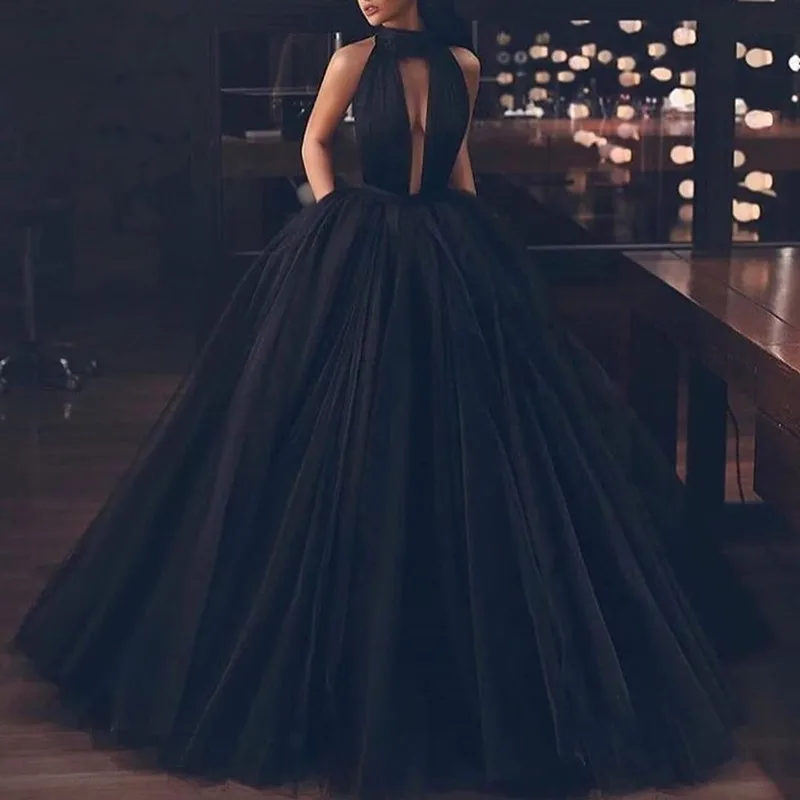 

Sexy Evening Dress 2020 A-Line Backless Black Sleeveless Pleat Tulle Formal Dress Women Elegant Bridal Gown BLE4024
