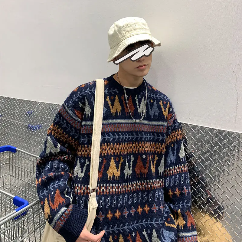 

Men's sweater 2020 autumn winter new slim solid color printing stitching sweater loose casual round neck young men's wear