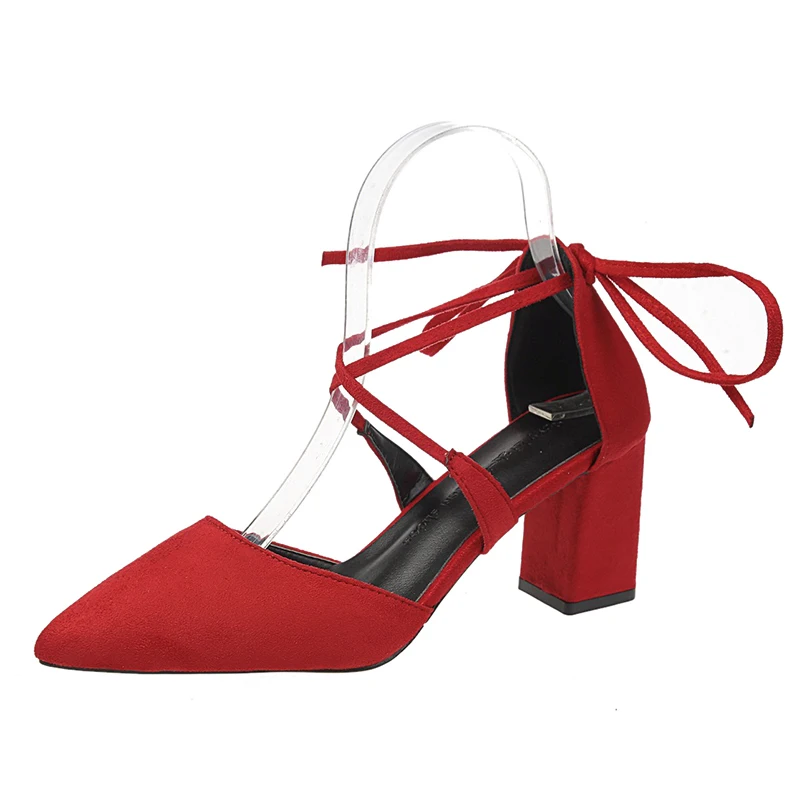 

2020 Shoes Woman Female Pointed Toe Thin High Heels Faux Suede Cross-Tied Solid Flock Pumps Leisure Elegant Wedding Shoes U14-90