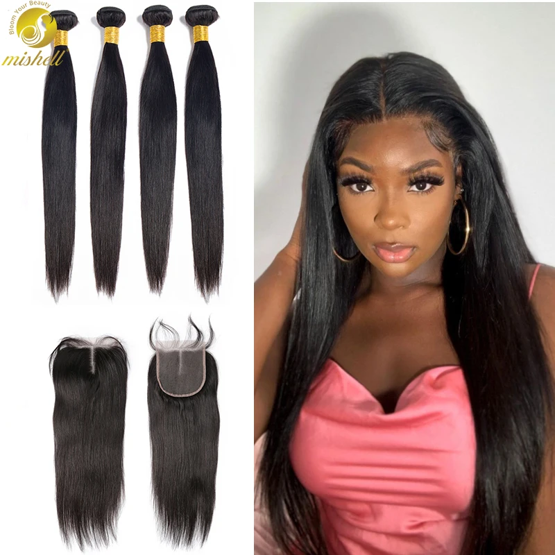 MISHELL 32 40 Inch Brazilian Straight Human Hair Weave 3 4 Bundles With 13x4 Lace Frontal Pre Plucked Remy Hair Frontal Bundles