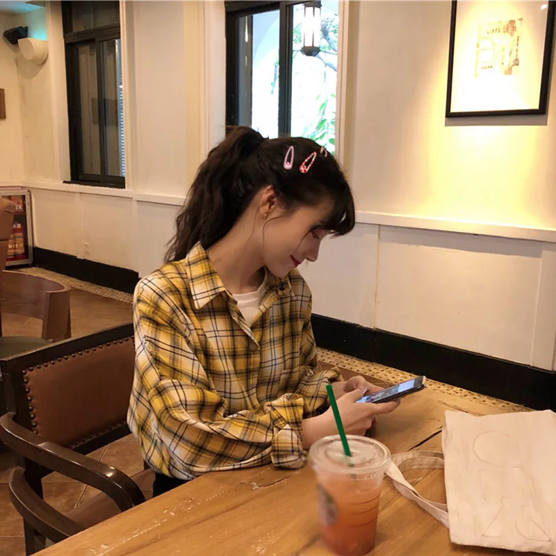 

Summer Autumn Plaid Single Breasted Women Shirts Lady Long Lantern Sleeve Turn-Down Collar Sweet Tops Female Casual Streetwear